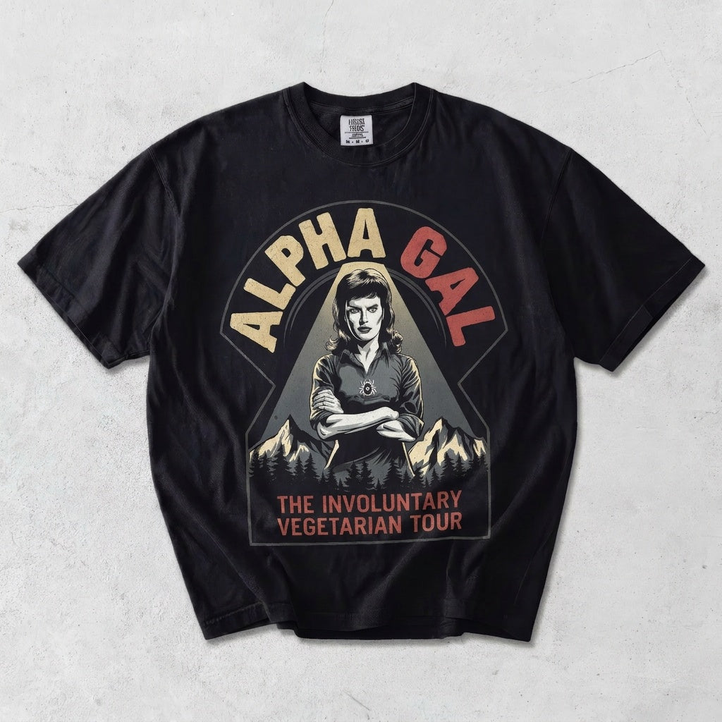 Alpha Gal Involuntary Vegetarian Tour — flat lay, black tee