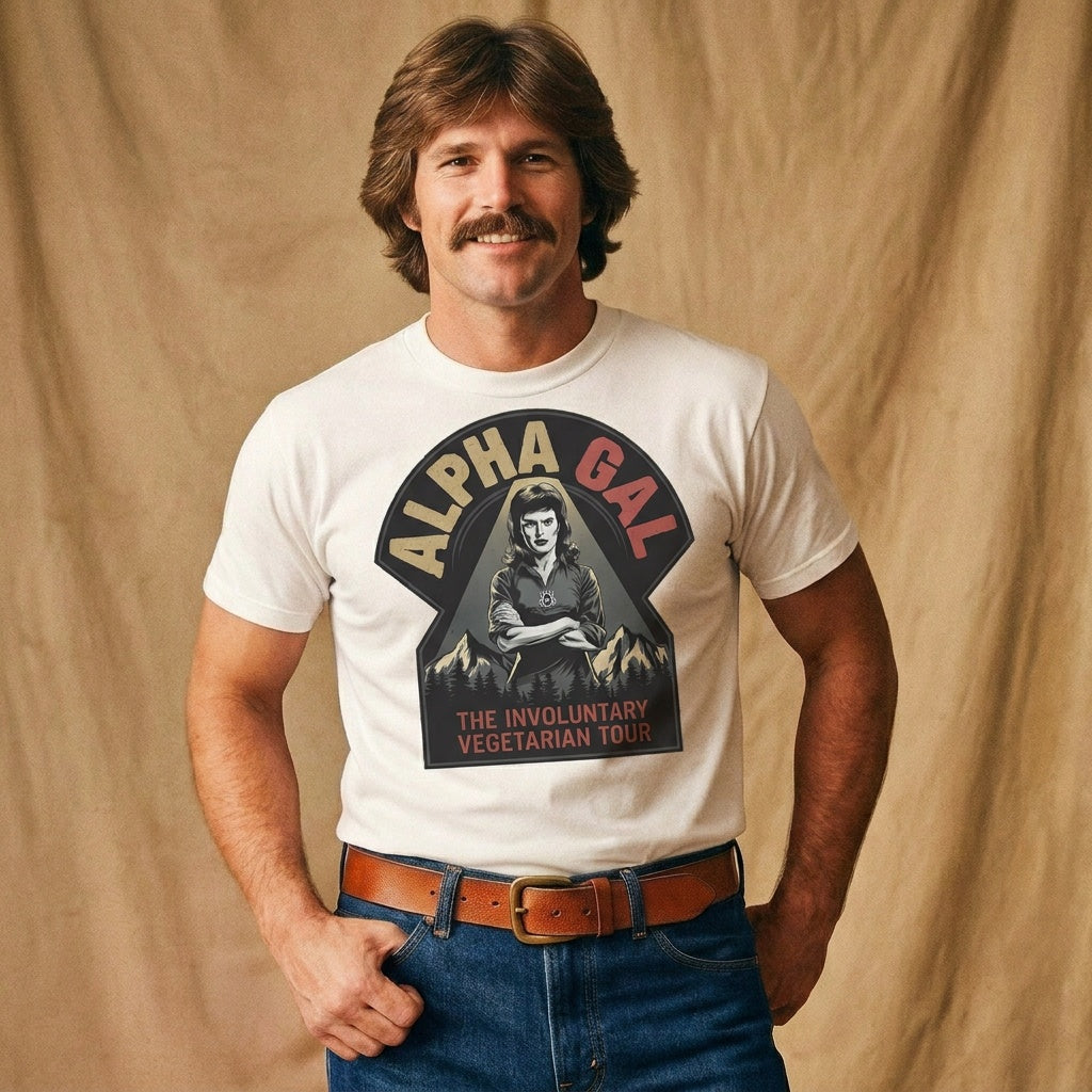 Alpha Gal Involuntary Vegetarian Tour — male model, white tee