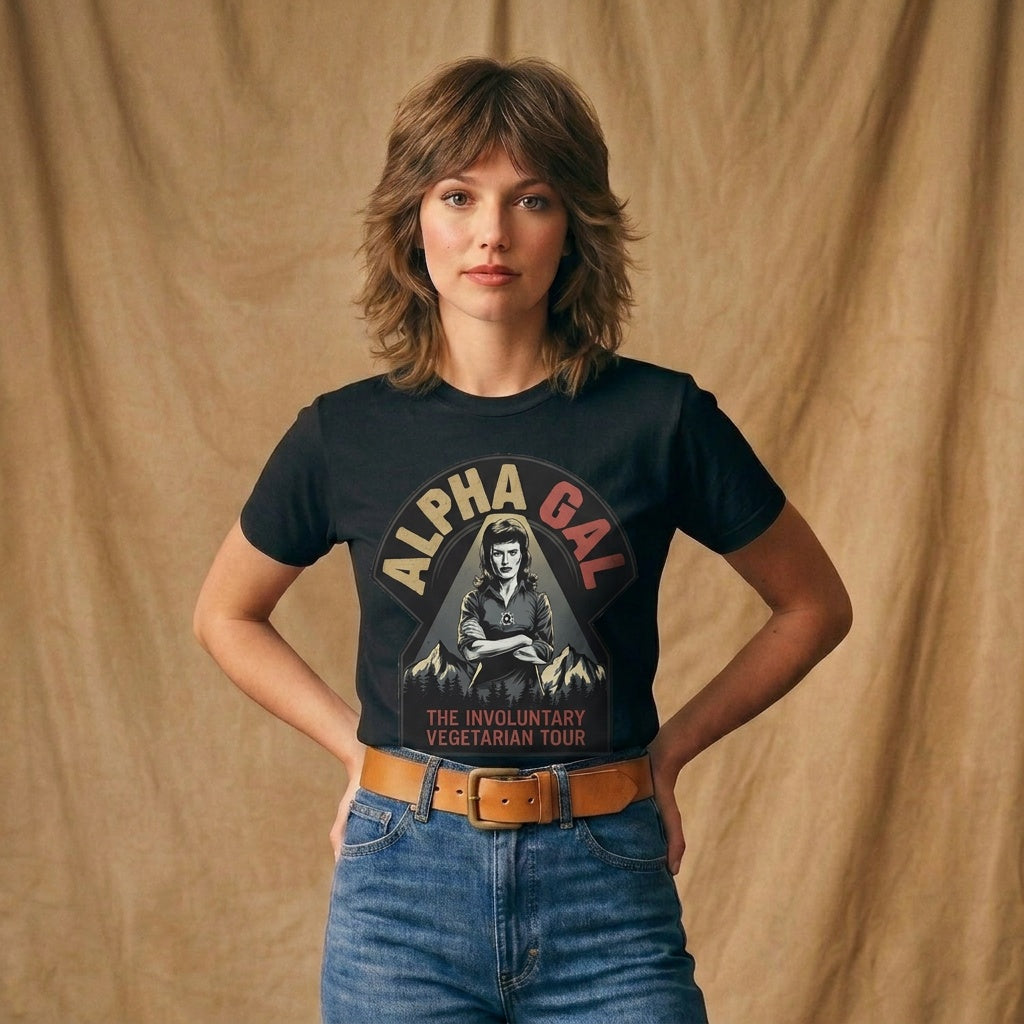 Alpha Gal Involuntary Vegetarian Tour — female model, black tee