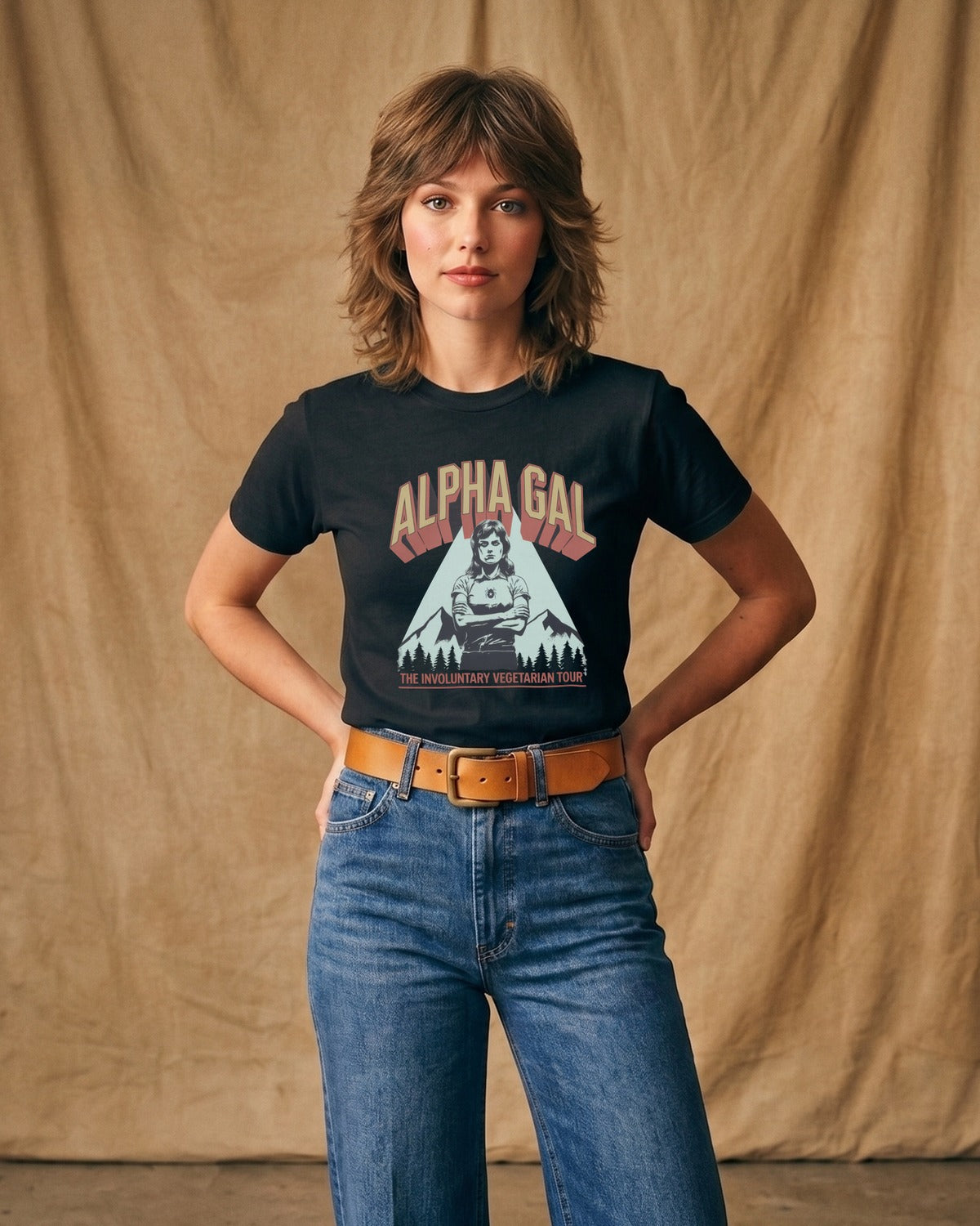 Alpha Gal Vintage Tour — female model, black tee