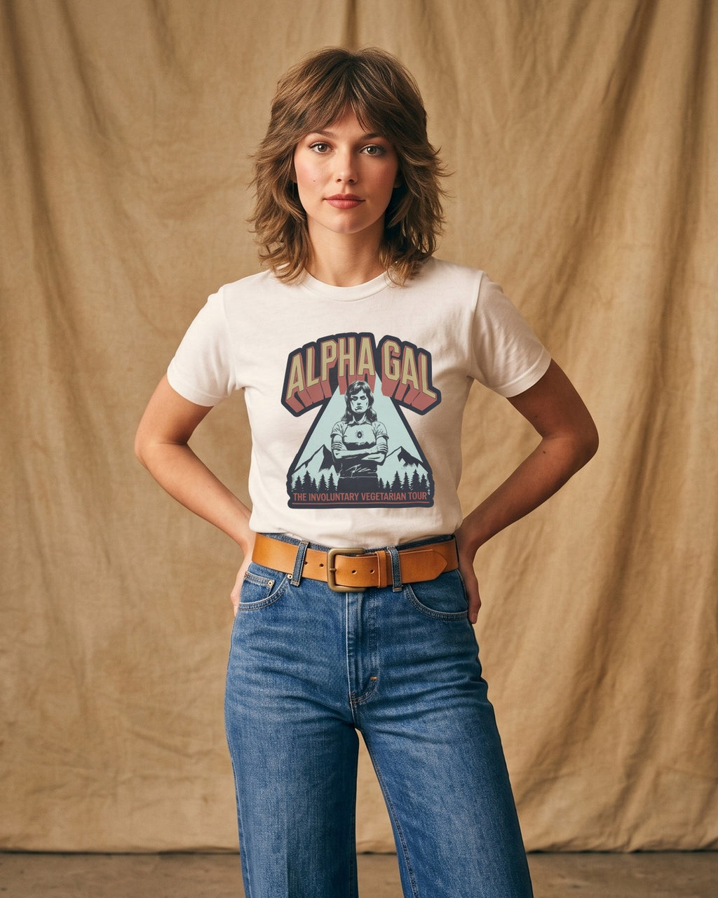 Alpha Gal Vintage Tour — female model, white tee