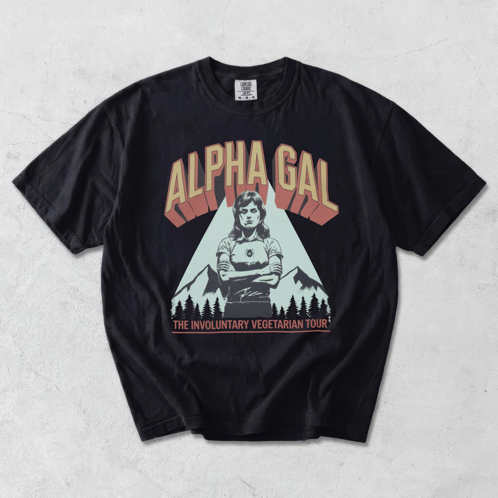 Alpha Gal Vintage Tour — flat lay, black tee