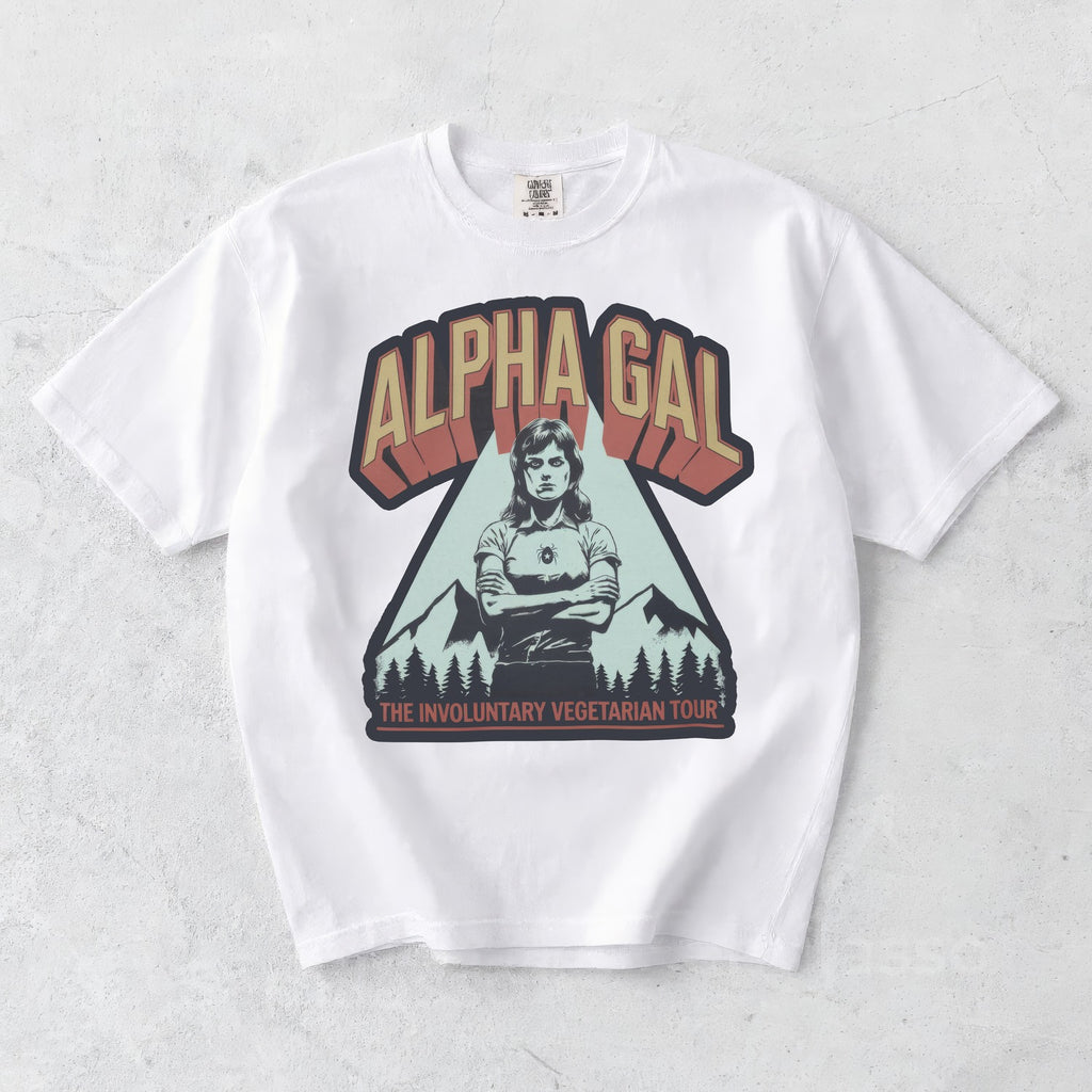 Alpha Gal Vintage Tour — flat lay, white tee