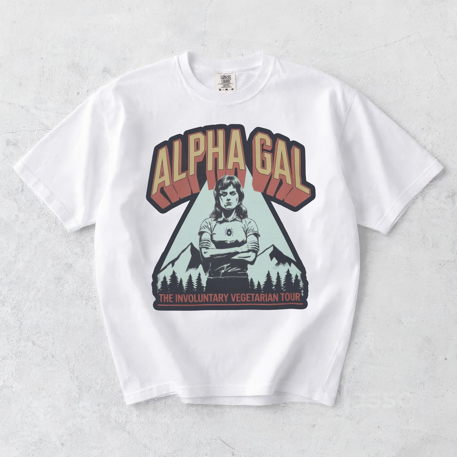 Alpha Gal Vintage Tour — flat lay, white tee