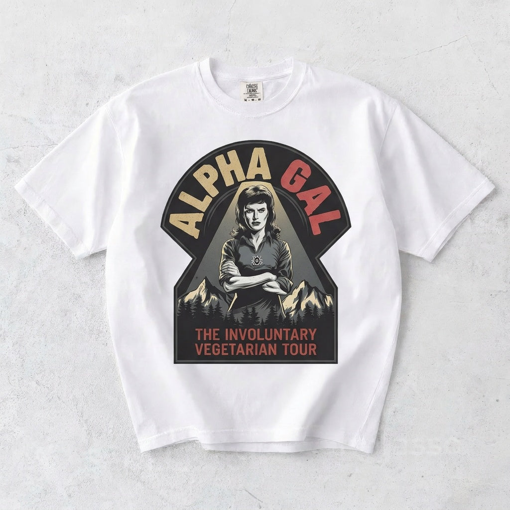 Alpha Gal Involuntary Vegetarian Tour — flat lay, white tee